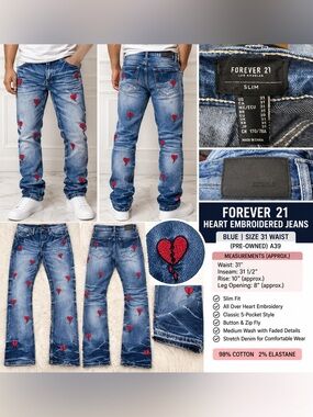 FOREVER 21 MEN’S HEART EMBROIDERED JEANS – BLUE SIZE 31 (NEW WITH T) A39